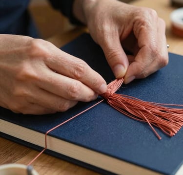 A close-up photograph of artisan hands performing manual embroidery on a book's spine. The thread is a soft terracotta color against a deep navy blue cover. The lighting is focused and warm, highlighting the texture of the silk thread and the paper. North American / US artisan studio.