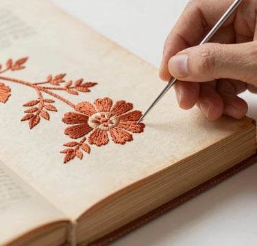Detailed photography of a hand using a thin silver needle to embroider a terracotta floral pattern onto the spine of a cream-colored antique book. The focus is sharp on the texture of the thread and the weathered paper, in a clean, sunlit North American art studio.