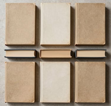 A top-down view of a collection of vintage hardcover books in neutral tones — sand, off-white, and warm beige — arranged on a minimalist stone surface. The lighting is soft and even, highlighting the aged texture of the book covers. North American / US studio setting.