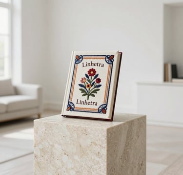 An editorial interior design shot featuring a single Linhetra embroidered book displayed on a minimalist travertine pedestal in a high-end, bright North American living space. The composition is clean with plenty of white space.