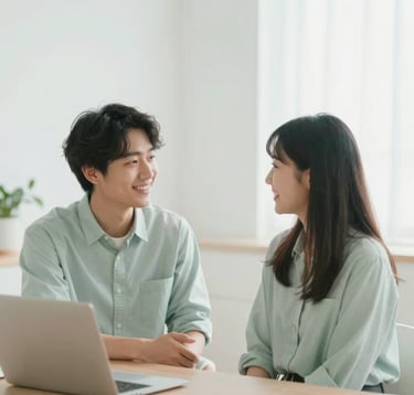 Two people engaged in a warm, encouraging face-to-face conversation in a brightly lit, modern room. The scene is soft-focused and excludes digital devices, emphasizing human connection. Color palette features soft greens (#8DAF9E) and whites (#F7FCFA).
