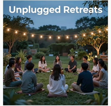 A peaceful gathering of a small group of people sitting in a circle in a garden at dusk. Soft warm string lights above. They are engaged in meaningful conversation, symbolizing the upcoming Unplugged Retreats. Colors include #1B3230 and #2E7D8C.