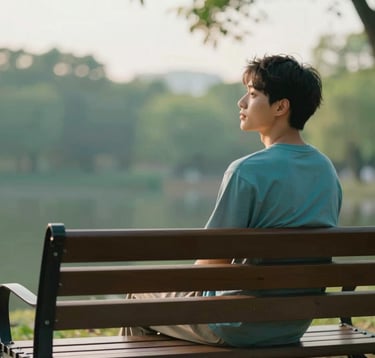 A young adult sitting peacefully on a wooden bench outdoors in a park, looking thoughtfully at the horizon. Warm golden-hour lighting. The scene is calm and hopeful, with soft green (#8DAF9E) and teal (#2E7D8C) tones in the background scenery.