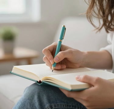 A peaceful close-up of a young adult journaling in a bright, airy room. Soft focus on the handwriting, with teal accents (#2E7D8C) in the decor. The atmosphere is calm, quiet, and hopeful.