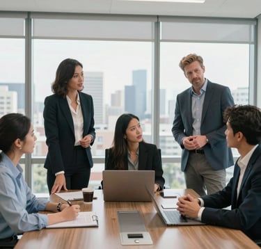 Diverse business professionals in a corporate office meeting room discussing strategy with a city skyline background.