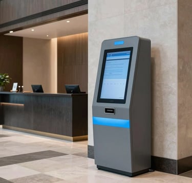Interior photograph of a modern, upscale hotel lobby in a North American / NYC setting. A sleek, minimalist digital kiosk stands elegantly near the concierge area, featuring cloud gray and vibrant sky blue accents. The lighting is clean and professional.