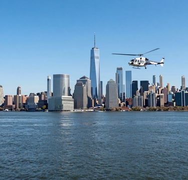 A wide-angle landscape shot of a helicopter flying over the Hudson River with the lower Manhattan skyline and the Freedom Tower in the background. A clear, sunny day in a North American / NYC environment with vibrant sky blue water.