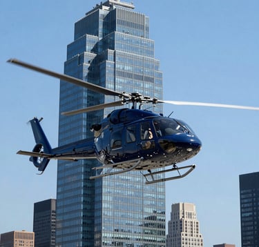 A professional sharp-focus photo of a tourist helicopter hovering near the glass peaks of a Manhattan skyscraper, bright midday sun, deep Navy Blue and Sky Blue tones, North American / NYC urban aviation scene.