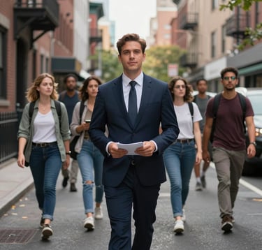 A professional tour guide in smart attire leading a diverse group of explorers through a historic North American / NYC neighborhood street, soft afternoon lighting, high-end travel photography style.