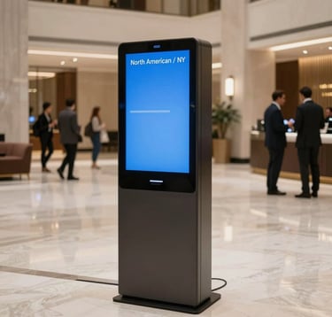 A sleek digital kiosk with a glowing Azure Blue screen standing in a modern, luxury hotel lobby, professional travelers in the background, clean Pale Mist interior, North American / NYC hospitality environment.