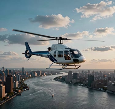 A breathtaking high-angle photography shot of an NYC helicopter tour flying over the Hudson River at sunset. The sky is a beautiful blend of cerulean blue and soft cloud gray, capturing the essence of an premium city experience.