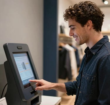 A close-up shot of a North American / NYC traveler smiling while interacting with a digital kiosk inside a stylish boutique shop. The atmosphere is warm and welcoming, with soft cloud gray and deep navy tones in the environment.