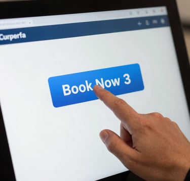 A close-up of a hand of a North American / NYC professional tapping a 'Book Now' button on a bright, high-resolution kiosk screen. The interface is clean and modern, featuring deep navy and cerulean blue branding.