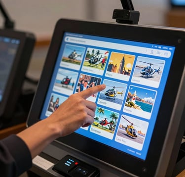 Close-up of a person in a North American / NYC setting using a digital touchscreen kiosk. The person is selecting a helicopter tour from a grid of colorful activity options. The lighting is sharp and professional, highlighting the azure blue interface.