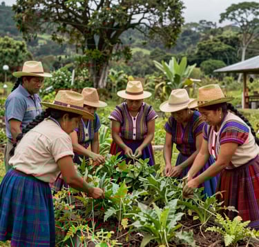 A group of community members in Ecuadorian attire gathered in a lush outdoor setting, collaborating on a sustainable farming project with forest green and tan accents.