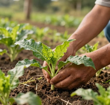 Close-up of healthy, vibrant organic crops being tended by hands in a South American family farm setting. Warm morning light, natural textures of soil and leaves, forest green and tan tones.