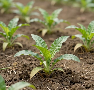 Close-up of healthy green crops growing in rich dark soil on a family farm in the Ecuadorian Amazon, bright natural lighting, soft green and tan earthy tones.