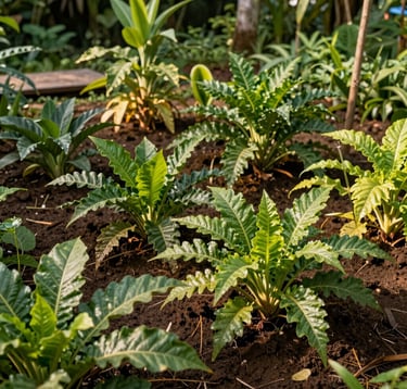 Photography of a flourishing South American vegetable garden in the Amazon basin. A variety of tropical green plants grow from rich soil, illuminated by warm sunlight. The composition is clean and organic, reflecting the sustainability of the region.