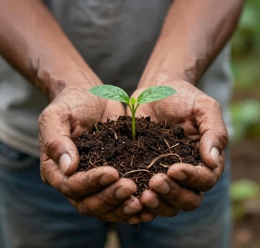 A South American farmer's hands gently holding a handful of dark, rich organic soil with a small green sprout emerging, symbolizing hope and growth in the Ecuadorian Amazon.
