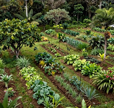 A wide angle photograph of a small, thriving family farm (quinta) in the Ecuadorian jungle, with diverse tropical fruit trees and vegetables growing in organized, organic rows.