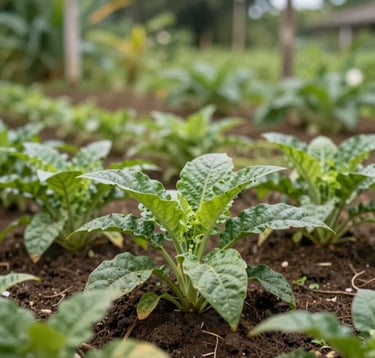 A close-up of a fertile family garden in the South American Amazon region, showing vibrant green crops and healthy soil under natural, soft daylight.