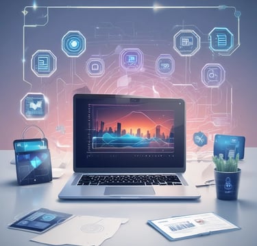 Digital laptop display with glowing futuristic interface and data analytics visualization icons.