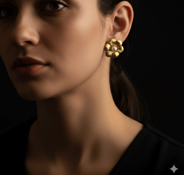 Elegante arete de flor en oro con centro de perla