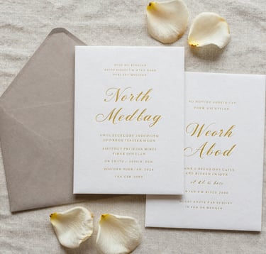 A high-end North American wedding invitation suite laid out on a soft linen surface, surrounded by loose flower petals in cream and muted stone colors. Flat lay photography with a focus on fine textures and gold foil lettering.