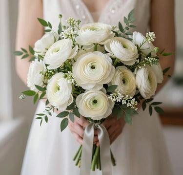 A close-up shot of an elegant bridal bouquet featuring creamy white ranunculus, delicate sprigs of greenery, and silk ribbons in muted stone tones. Photographed in a bright, sophisticated North American interior.