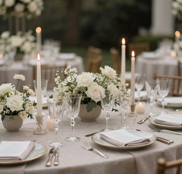 A beautifully styled reception table at a luxury North American wedding. Featuring fine linens in light taupe, tall crystal glassware, and elegant stone-colored taper candles set among small floral clusters. Airy, sophisticated mood.