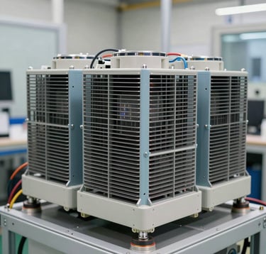 A professional photography shot of specialized liquid cooling systems and high-density heat exchangers inside a modern facility, utilizing a palette of light blue grey and off-white.