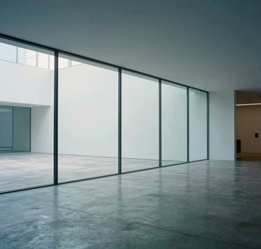 A professional photograph of a minimalist modern museum interior in Maastricht, Western Europe. The space features large glass panels, high ceilings, and polished concrete floors. Soft glacial white and dusty blue light illuminates the space, creating a calm, intellectual atmosphere.