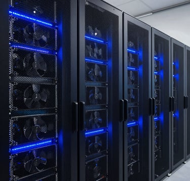 A detailed photography shot of high-density cooling and GPU server racks inside a secure European facility. The scene is lit with sharp cobalt blue LEDs against deep navy charcoal shadows. It conveys precision, power, and industrial-grade security.