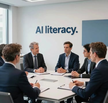 A sharp, professional photograph of a corporate seminar room in Brussels, Western Europe. Business professionals in refined attire are engaged in a strategic discussion. The room is bright with soft glacial white walls and slate blue accents, emphasizing AI literacy.