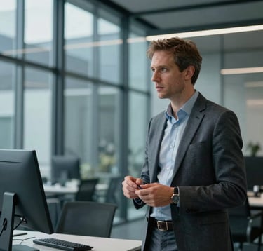 A professional Western European tech leader reviewing digital infrastructure plans in a modern, glass-walled office. The lighting is professional and understated, utilizing the brand's blue-gray palette.
