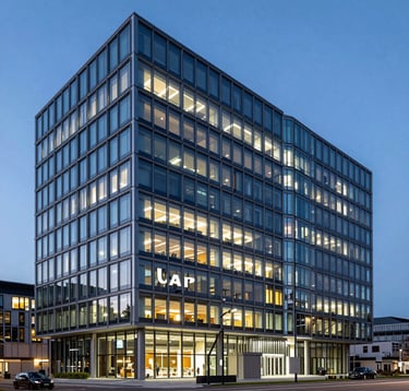Sharp photography of the facade of a contemporary technology center in the Benelux region at twilight. The structure is composed of glass and steel, with sophisticated exterior lighting in steel blue. The style is authoritative and projects institutional trust.