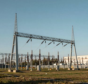 A crisp photograph of a modern industrial energy grid substation in a Western European landscape, symbolizing the direct connection between power infrastructure and AI compute capacity.