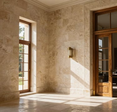 High-end architectural photography of a premium villa interior in Oaxaca, featuring textured cream stone walls and warm gold wooden accents. Soft sunlight filters through large windows. Sophisticated and exclusive ambiance, Latin American / Mexican design.