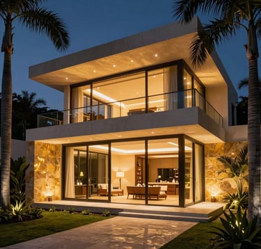 A luxury villa exterior in Puerto Escondido at night, with warm indoor lights glowing through large glass panels. The architecture is contemporary Mexican style, featuring clean lines and gold-toned stone. Surrounded by elegant landscaping and palm trees.