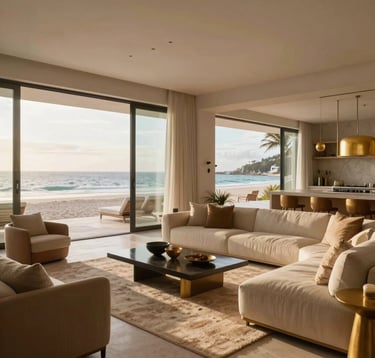 Interior shot of a premium Mexican beach house. Large open-concept living area with floor-to-ceiling windows showing a private beach. Minimalist but warm decor with gold and tan accents, natural textures, and elegant furniture. Soft morning light.