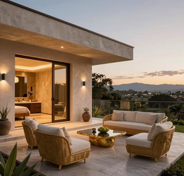 A sophisticated Latin American / Mexican setting showing a private terrace of a modern villa. The decor features gold and cream accents, overlooking a serene landscape at dusk with professional, warm lighting.