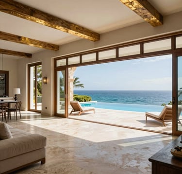 Interior of a luxury Latin American / Mexican villa showing an open-concept living area with premium stone floors and gold-toned wood accents. Large windows frame a view of a blue infinity pool and the sea.