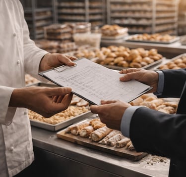 Professional pastry chef and manager reviewing a bakery inventory checklist in a commercial kitchen.