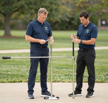 Two men in navy blue shirts setting up professional metal equipment outdoors for field testing.