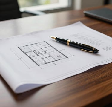 Close-up of high-end architectural blueprints and a fountain pen on a mahogany desk in a Costa Rican executive office, soft daylight reflecting from a window, professional and sharp focus.