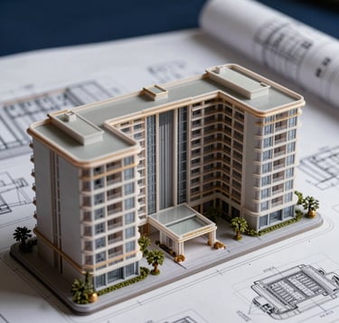 Macro photography of an architectural model and technical blueprints for a high-end luxury resort. The focus is sharp on the intricate details, suggesting technical professionalism. The lighting is sophisticated, with a palette of light gray and dark navy.