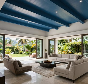 Interior shot of a luxury villa's open-plan living area in Costa Rica. High ceilings with steel blue accents, light grey stone flooring, and high-end minimalist furniture. Large folding glass doors open to a tropical garden. The lighting is natural and bright, emphasizing a clean, professional, and exclusive residential atmosphere.