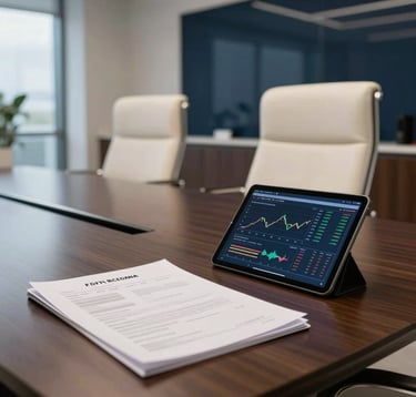 Executive interior photography of a modern boardroom in a Costa Rican financial center. High-end off-white furniture and dark navy accents. In the foreground, professional financial documents and a tablet showing asset performance charts on a polished table.