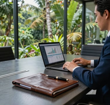 An executive meeting room with glass walls overlooking the lush tropical canopy of Guanacaste, Costa Rica. On the table, a leather-bound portfolio and a high-end fountain pen sit beside a laptop showing financial graphs. Professional, sharp lighting with steel blue and dark navy tones.