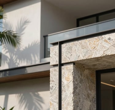 A close-up architectural detail of a premium real estate development in Tamarindo, Costa Rica. Focus on high-quality materials like natural stone, dark steel frames, and polished concrete. A tropical plant casting a soft shadow on the light grey wall. The style is sophisticated, professional, and modern. Bright daylight photography.